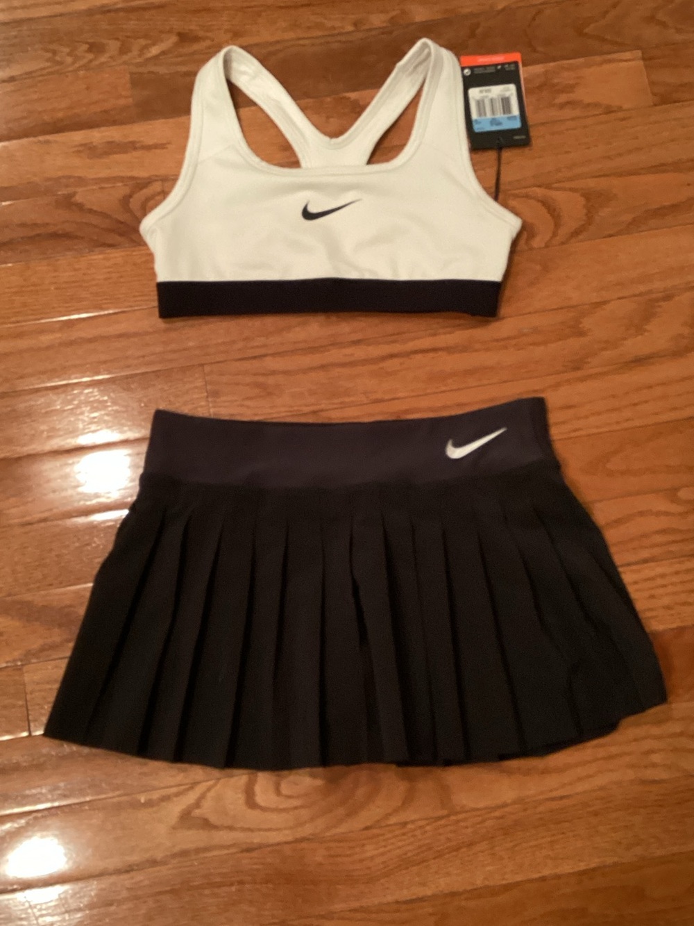 Nike White and Black Girls' Sports Bra with Black Pleated Skort